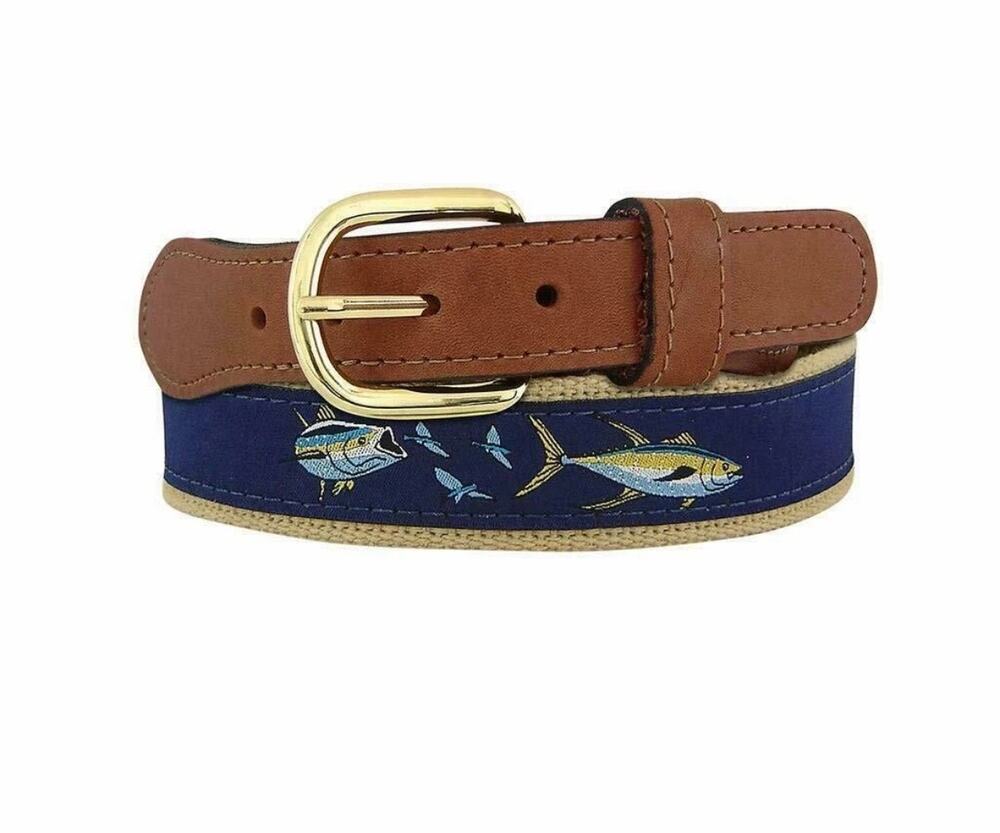 ZEP-PRO Leather Canvas YELLOW FIN TUNA CHASE Ribbon Belt w/ Flying Fish